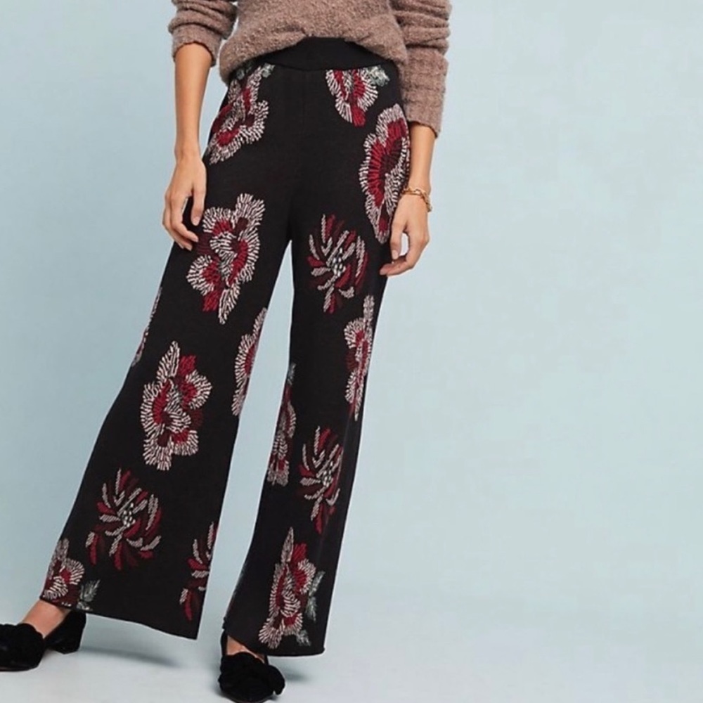 Anthropologie Laia Intarsia floral wide leg knit sweater pants